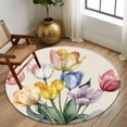 thumbnail image 2 of Round Area Rugs Collection 6 Ft, Colorful Tulips Floral Non-Slip Residential Carpet, Modern Art Watercolor Pastoral Indoor Crawling Mats Runner Rugs for Living Room/Dining Room/Bedroom, 2 of 8