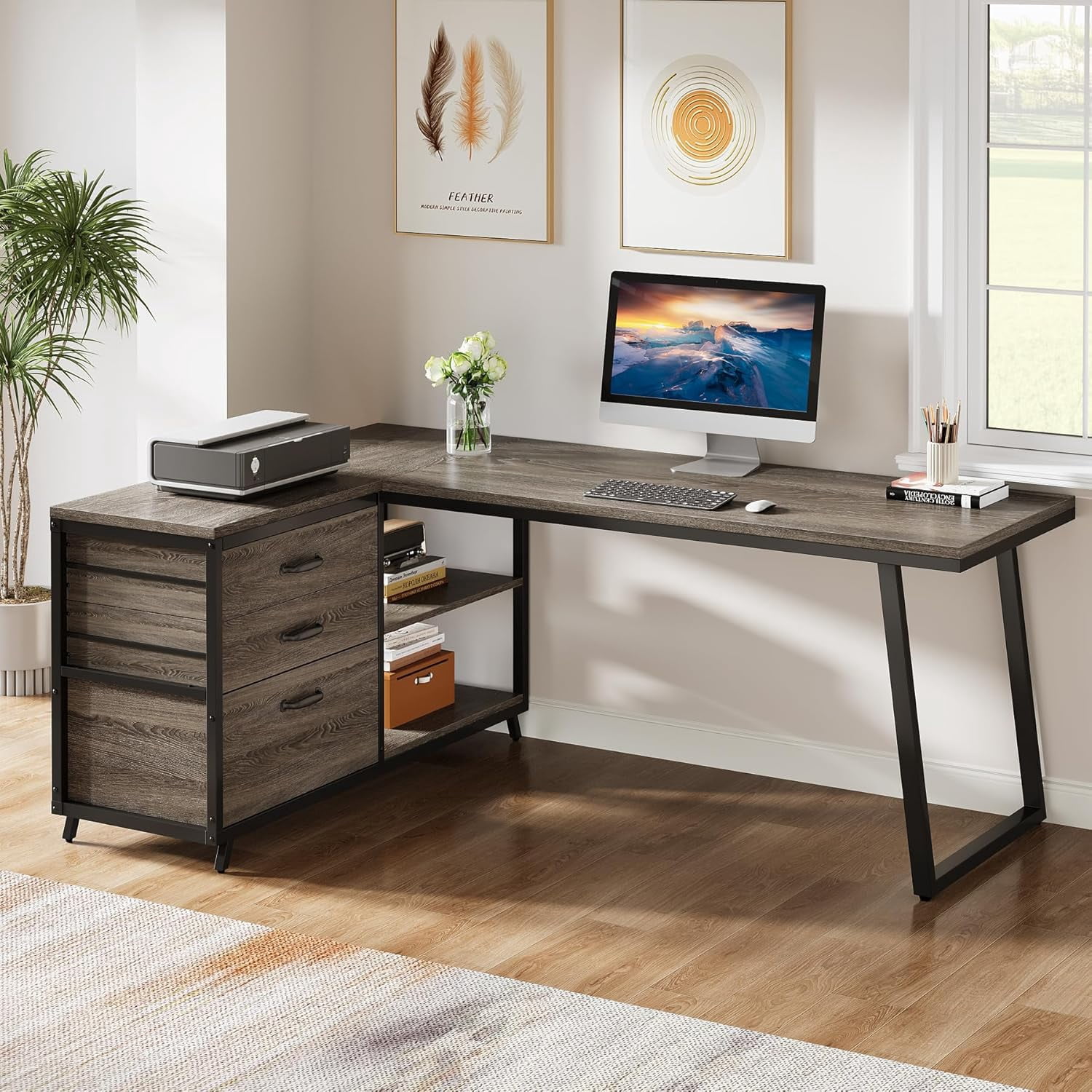 Tribesigns 53" L Shaped Office Desk, Reversible Corner Computer Desk with 3 File Drawers and 2 Storage Shelves for Home Office, Study, Gaming Room (Gray)