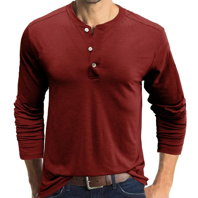 Long Sleeve Shirts For Men Long-Sleeve Tops Beefy Muscle Basic Solid Color Button Blouse Tee Shirt Top