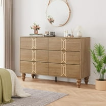 Twister.CK Wooden 6 Drawer Dresser with Vintage Pattern Design, Chest Dresser with Deep Drawers for Bedroom, Living Room and Entryway, Oak