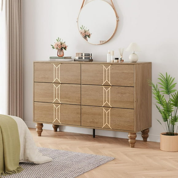 Modern Wooden 6 Drawer Dresser with Vintage Pattern Design, Chest Dresser with Deep Drawers for Bedroom, Living Room and Entryway, Oak and Gold