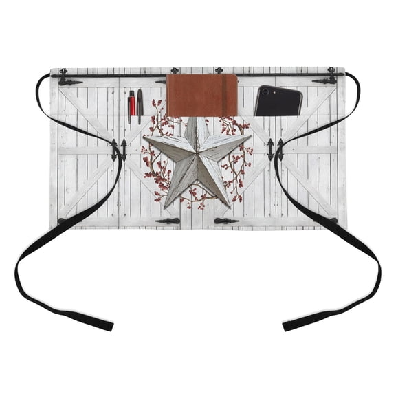 Rustic Barn Door Half Waist Apron Vintage White Star Red Berry Beige Wood Board Short Waiter Aprons with 3 Pockets for Women Men Kitchen Restaurant Cooking