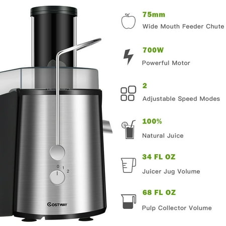 Costway - Electric Juicer Wide Mouth Fruit & Vegetable Centrifugal Juice Extractor 2 Speed - Black + Silver