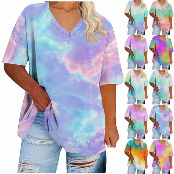 cocolona Oversized Tshirts for Women Summer Plus Size V-Neck Short Sleeve Tie Dye Tops Base Tees Casual Trendy Blouses