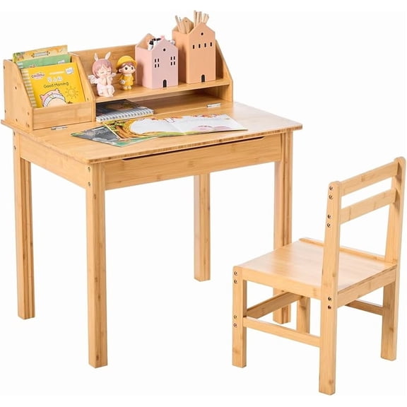 Kid Desk and Chair SetβBamboo Lift-Top Child Desk with Storage and Hutch, Ideal Kids Desks for Homework, Compact Design for 3-8 Years Old, Small Kids Desk and Chair Set