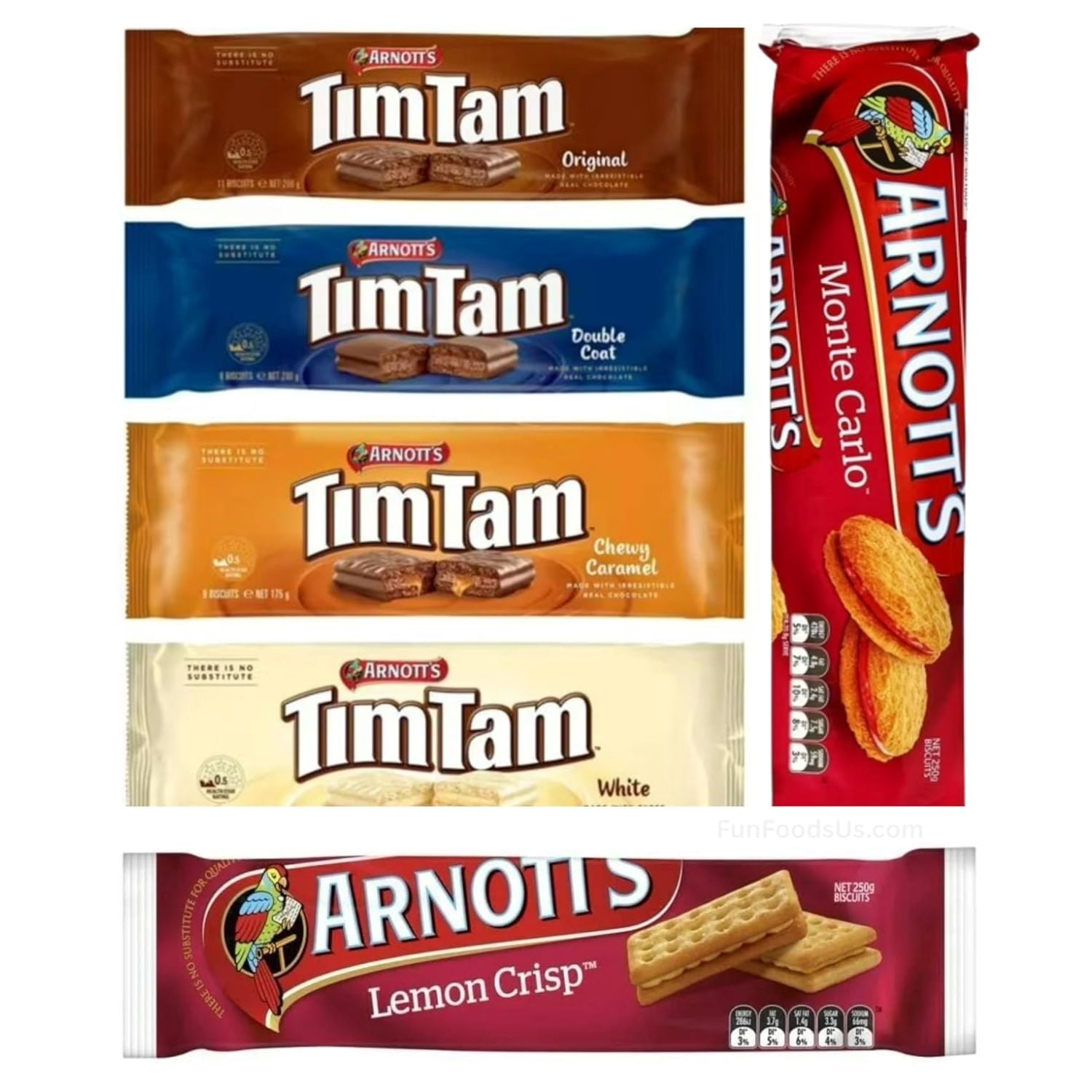 Combo Packs - Tim Tam Chocolate Biscuits – Assortment Packs - 1 Original, 1 Double Coat, 1 Chewy Caramel, 1 White, Monte Carlo Jam Biscuits & Lemon Crisp Biscuits, Great Family Treats (Value 6 Pack)