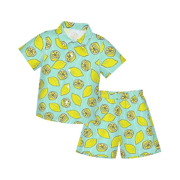 Oiyii Summer Boys Outfits Lemon Print Short Sleeve Button-Down Shirt Shorts Set, Sizes 2-15