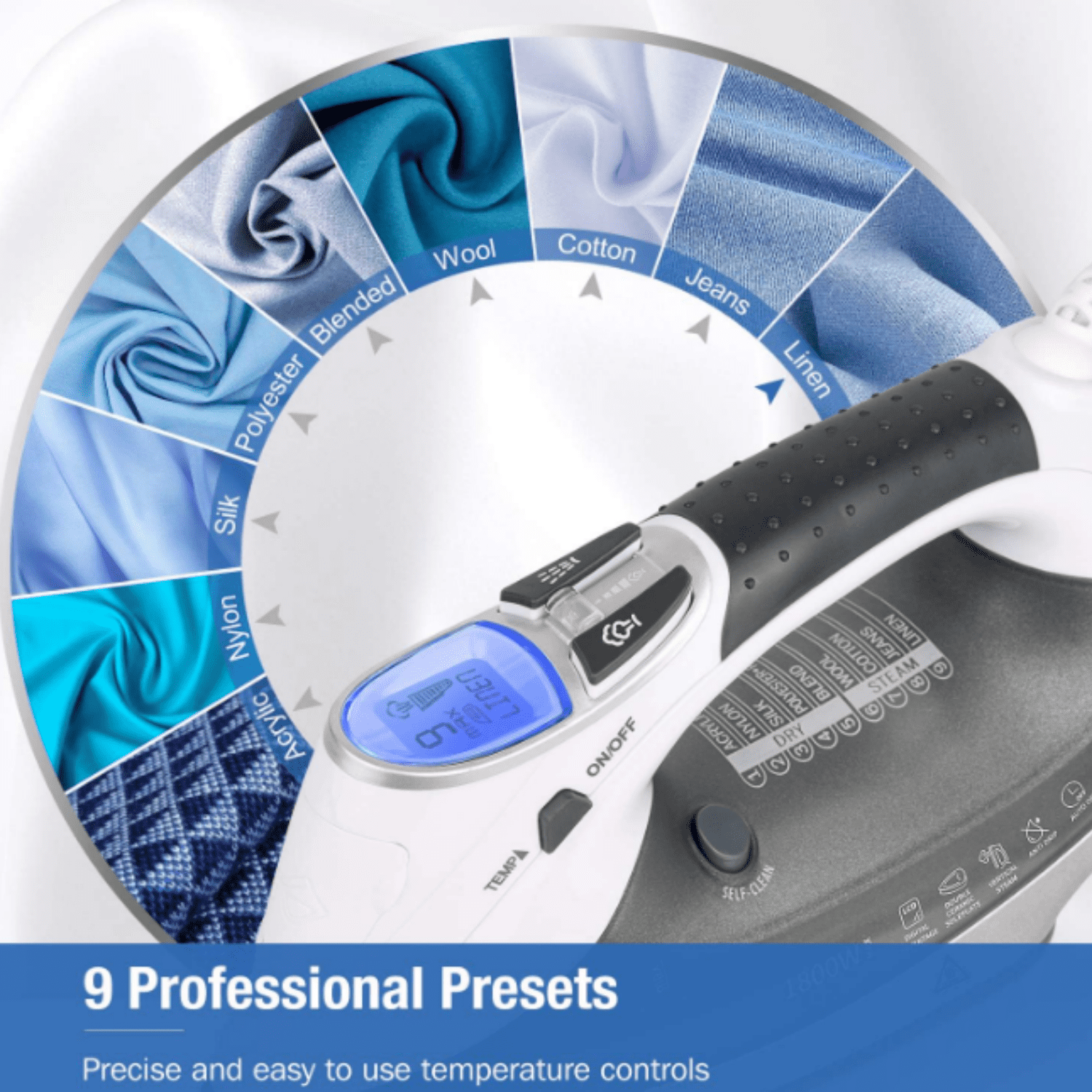 1800-Watt Steam Iron with Digital LCD Screen, Double-Layer and Ceramic Coated Soleplate, 3-Way Auto-Off, 9 Preset Temperature and Steam Settings for Variable Fabric Gray