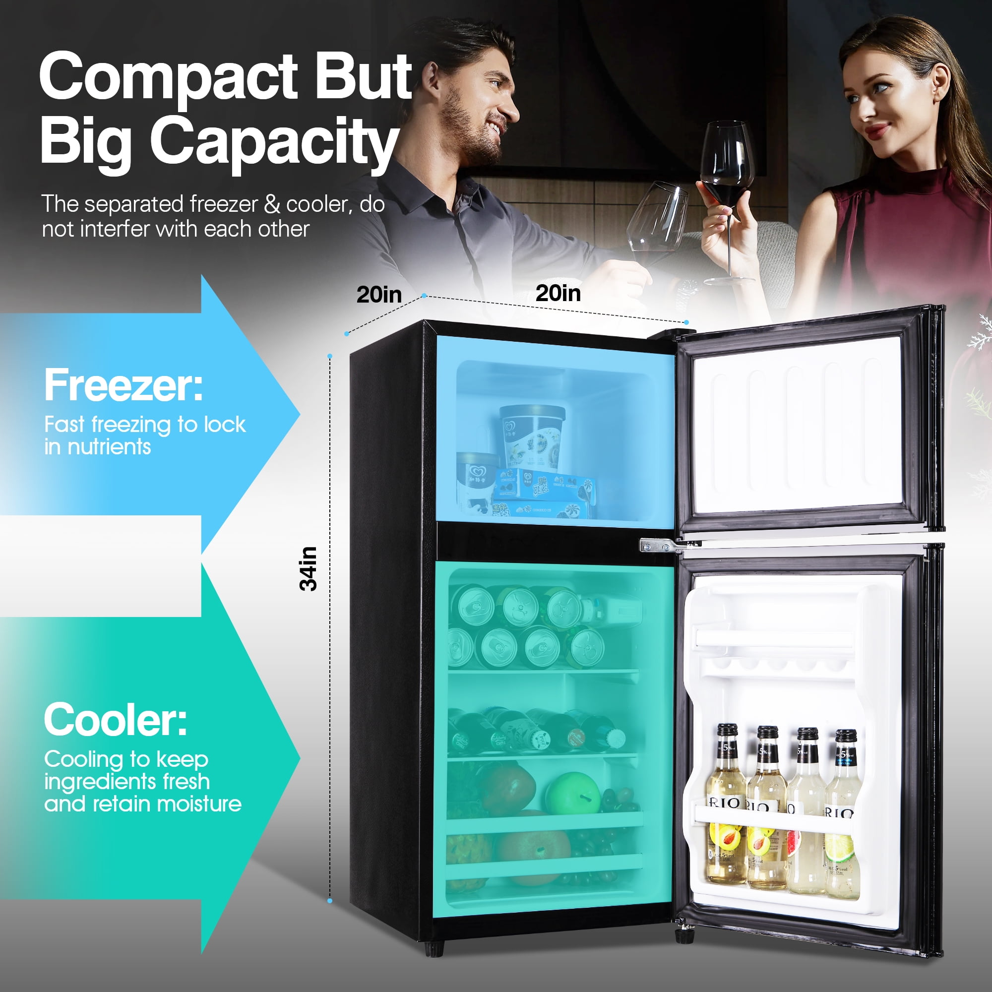 GGTB 3.0 Cu.ft Retro Compact Two Door Refrigerator, Mini Fridge with Freezer Compartment, Reversible Doors, Removable Shelves, Black