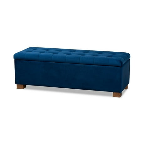 Contemporary Navy Blue Velvet Fabric Upholstered Grid-Tufted Storage Ottoman Bench