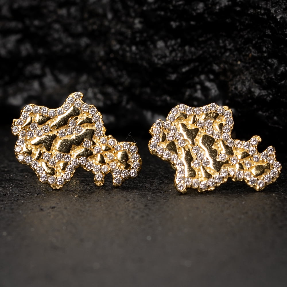 Retro 90's Hip Hop Solid 14K Yellow Gold Plated 925 Sterling Silver Screw Back Post Men’s Diamond Cut Stud Cz Iced Solid Nugget Earrings
