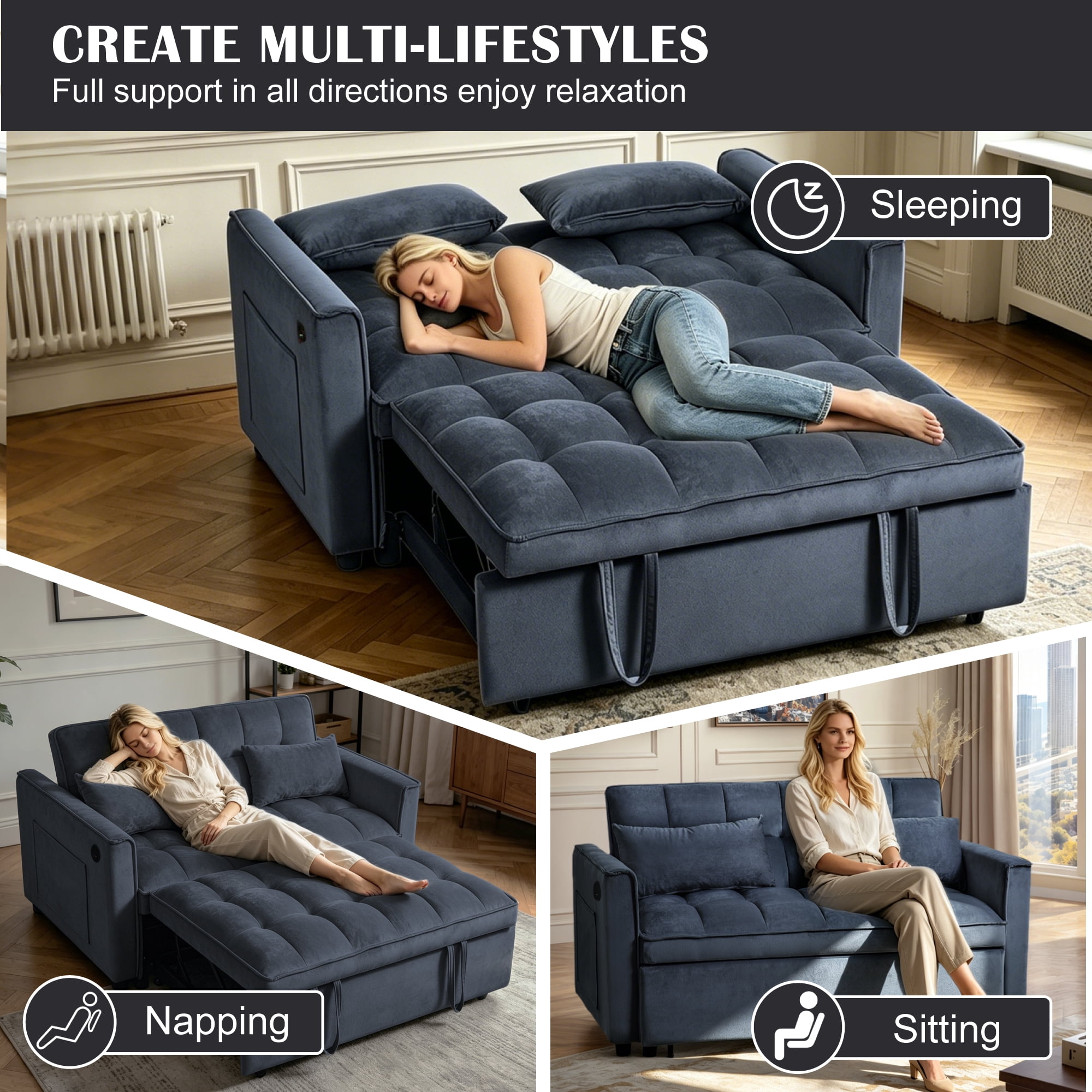 Gewnee 3 in 1 Modern Convertible Sleeper Sofa Bed,Velvet Pull Out Couch with Adjustable Backrest,USB,Side Pockets,Black Loveseat Futon for Living Room,Apartment