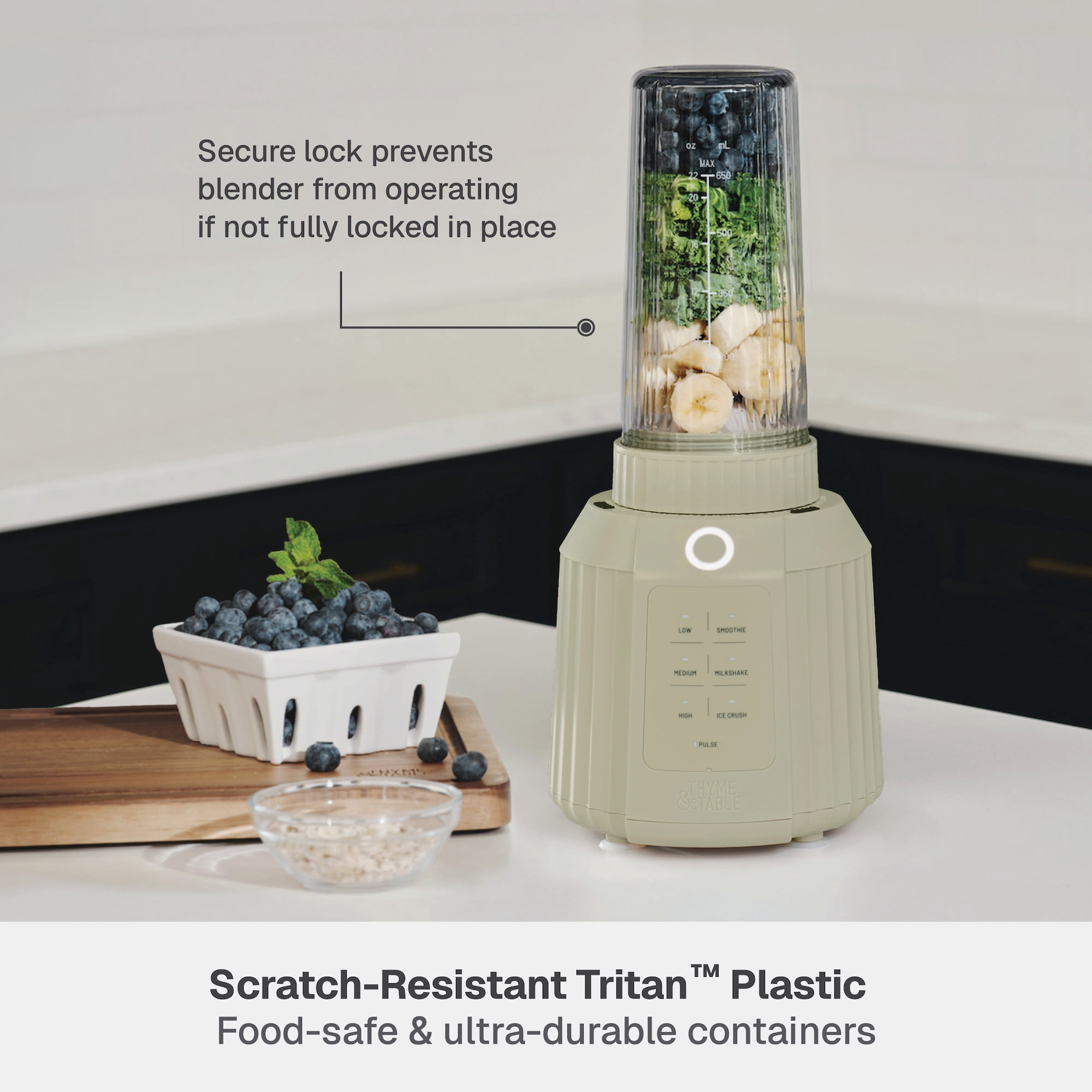 Thyme & Table Countertop Blender Duo, 1100W, 57oz Tritan Pitcher, 6-Point Stainless Steel Blade, 25oz To-Go Cup with Smart Seal™ Lid and Straw, Eucalyptus Green