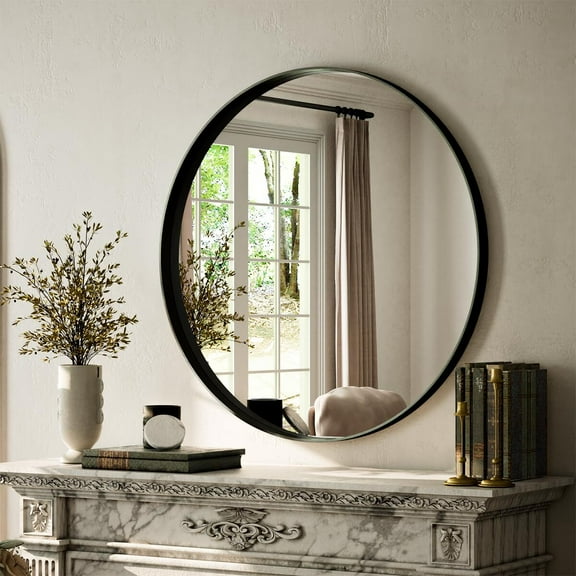 Anyrose 24" Round Bathroom Mirror Deep Frame Wall Vanity Mirror,Black