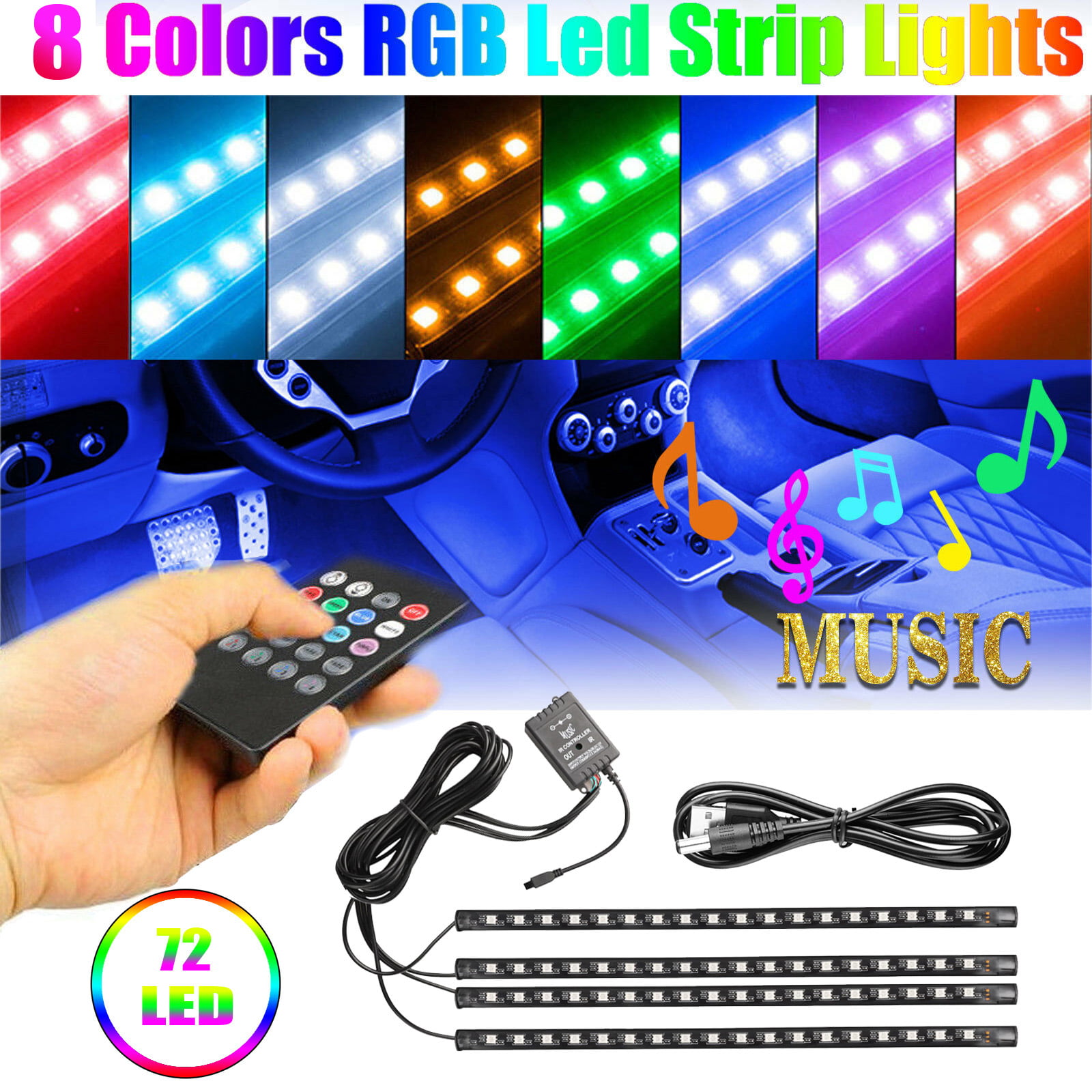 4pcs Car Interior 48LED 5050 SMD RGB Strip Lights Atmosphere Bar Lamp DIY Color 