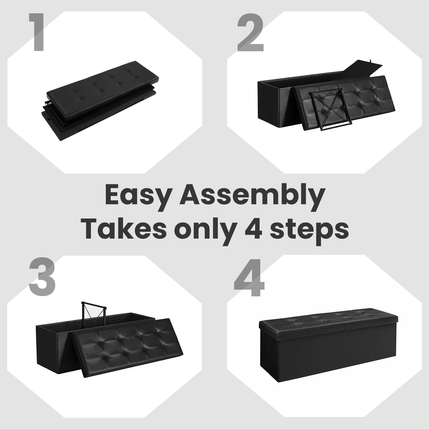 Ledrem Folding Storage Ottoman Bench 43 in, Black photo 4