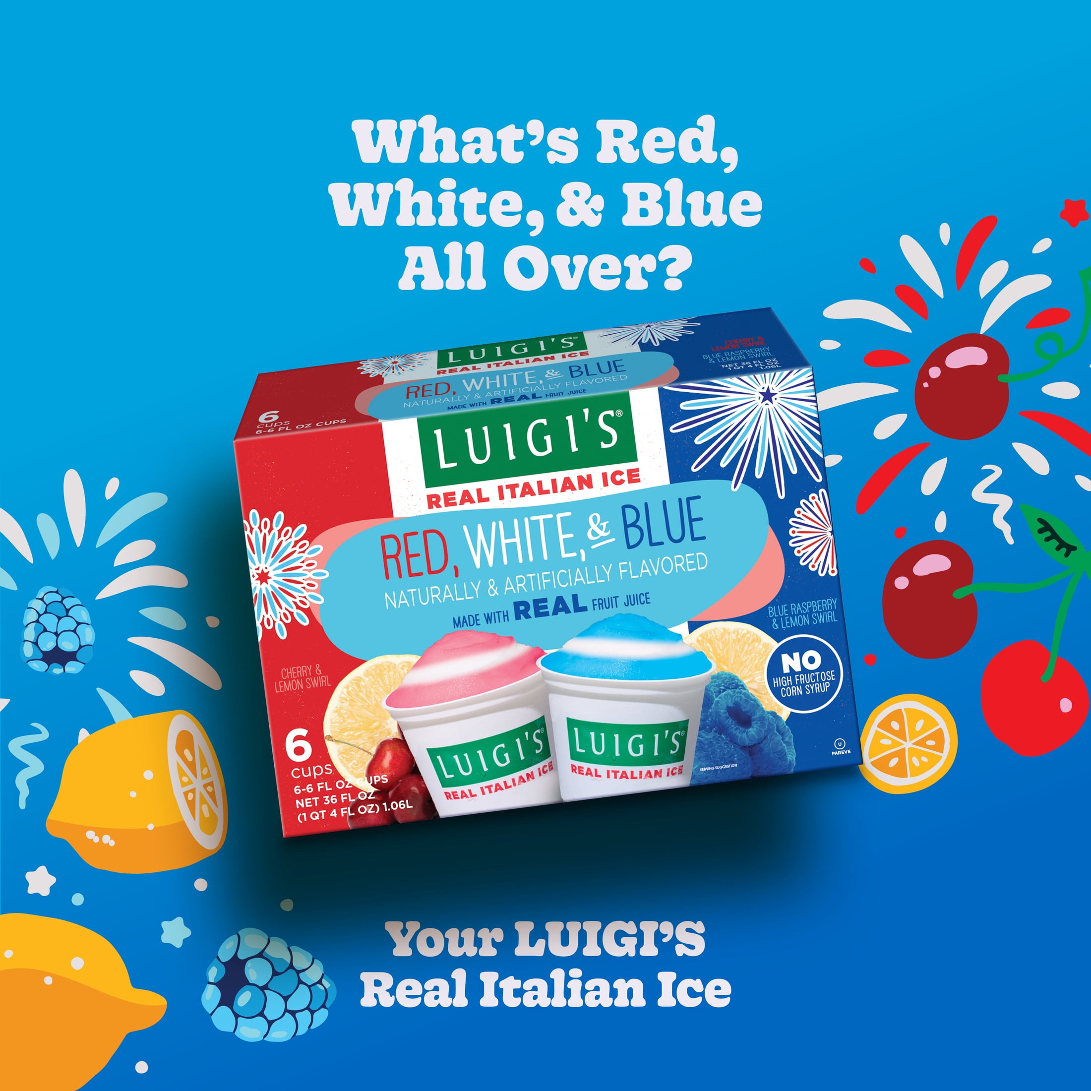 Luigi's Red, White, & Blue Real Italian Ice, 6 fl oz, 6 Count (Frozen)