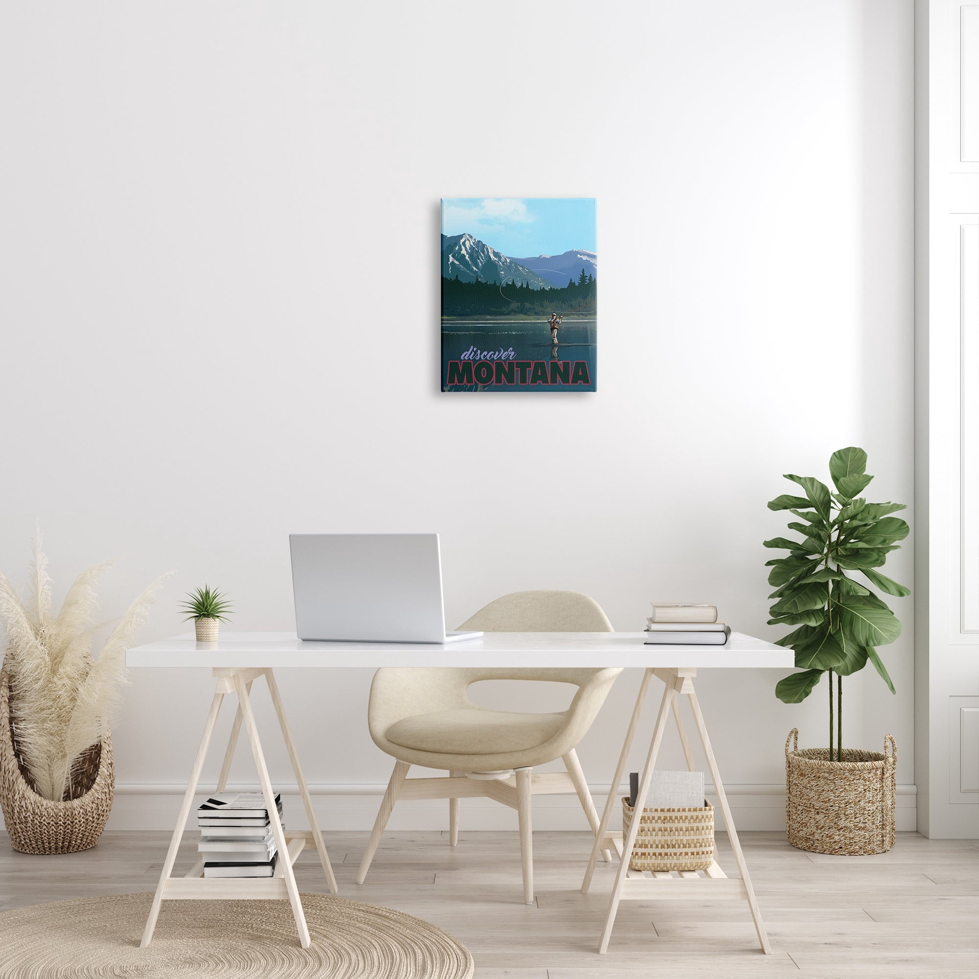 Stupell Industries Montana Travel Fly Fishing Lake Mountains Landscape Graphic Art Gallery Wrapped Canvas Print Wall Art, Design by David Owens Illustration
