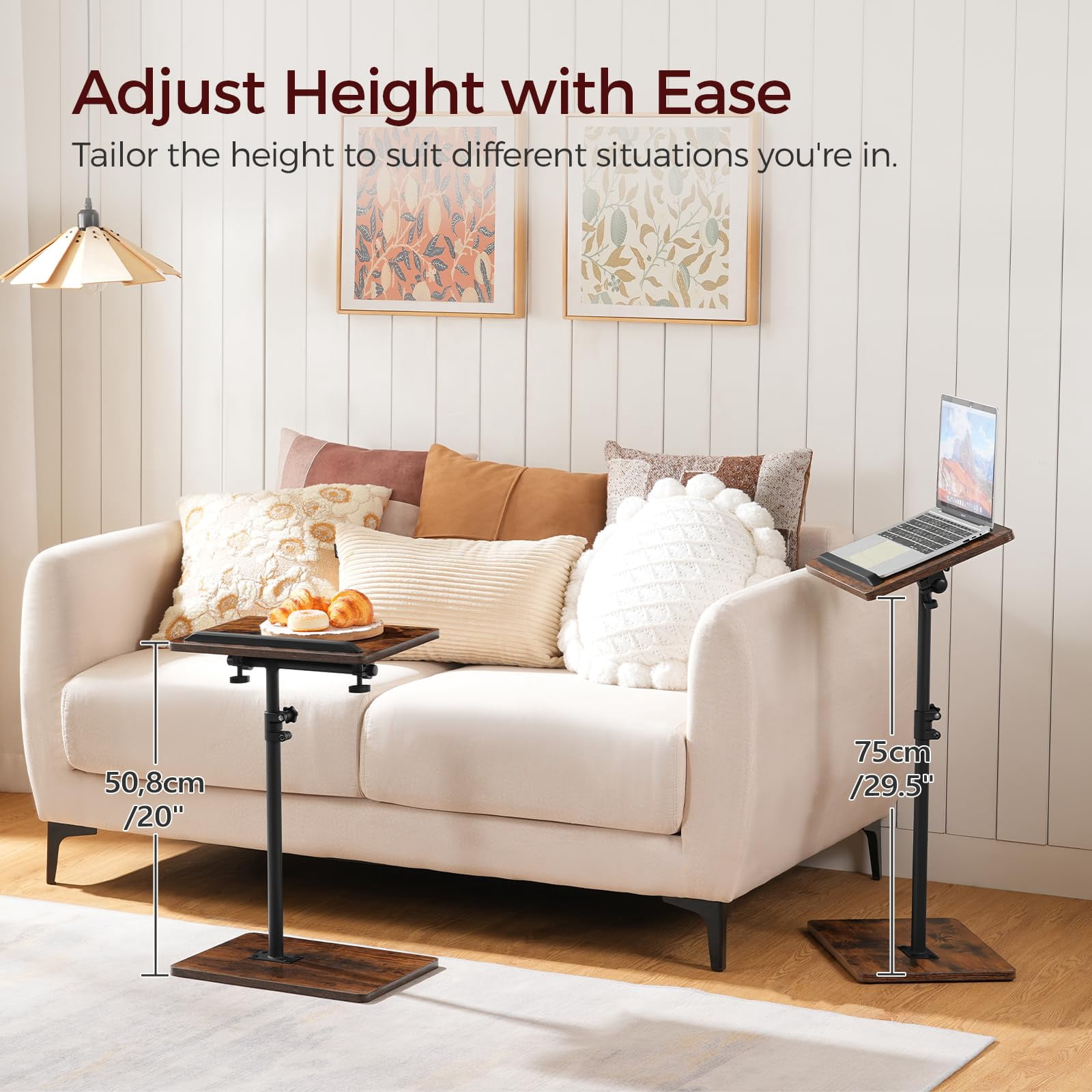 Sofa Armrest Tray Table for Couch,Side Tv Tray Table, Bamboo Table, Bed Table Adjustable Height Tray Table for Bed Chair or Sofa, Includes Tablet Phone Slot,Black