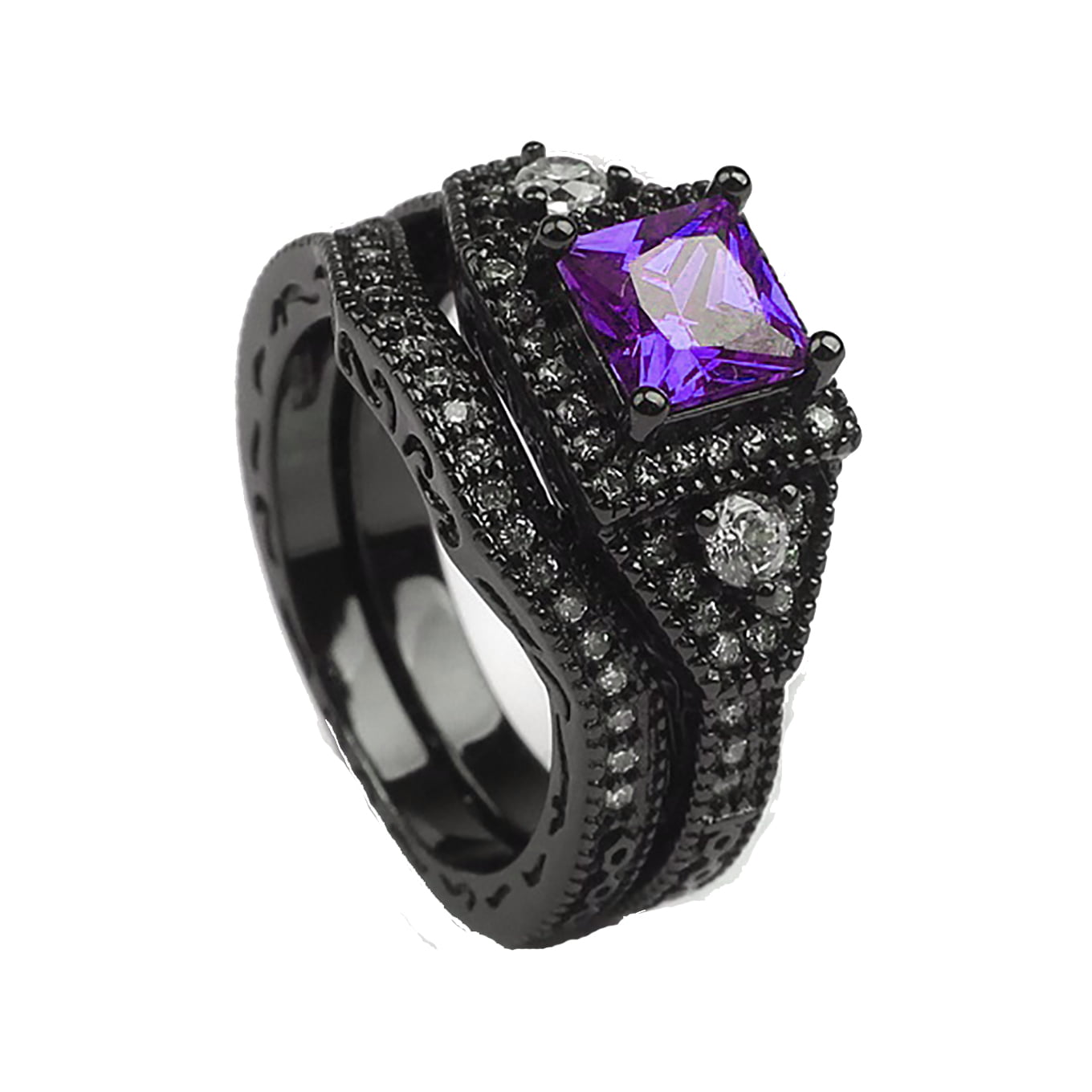 Purple Amethyst Wedding Ring CZ Black Rhodium Plated Women's Jewellery Size 8 