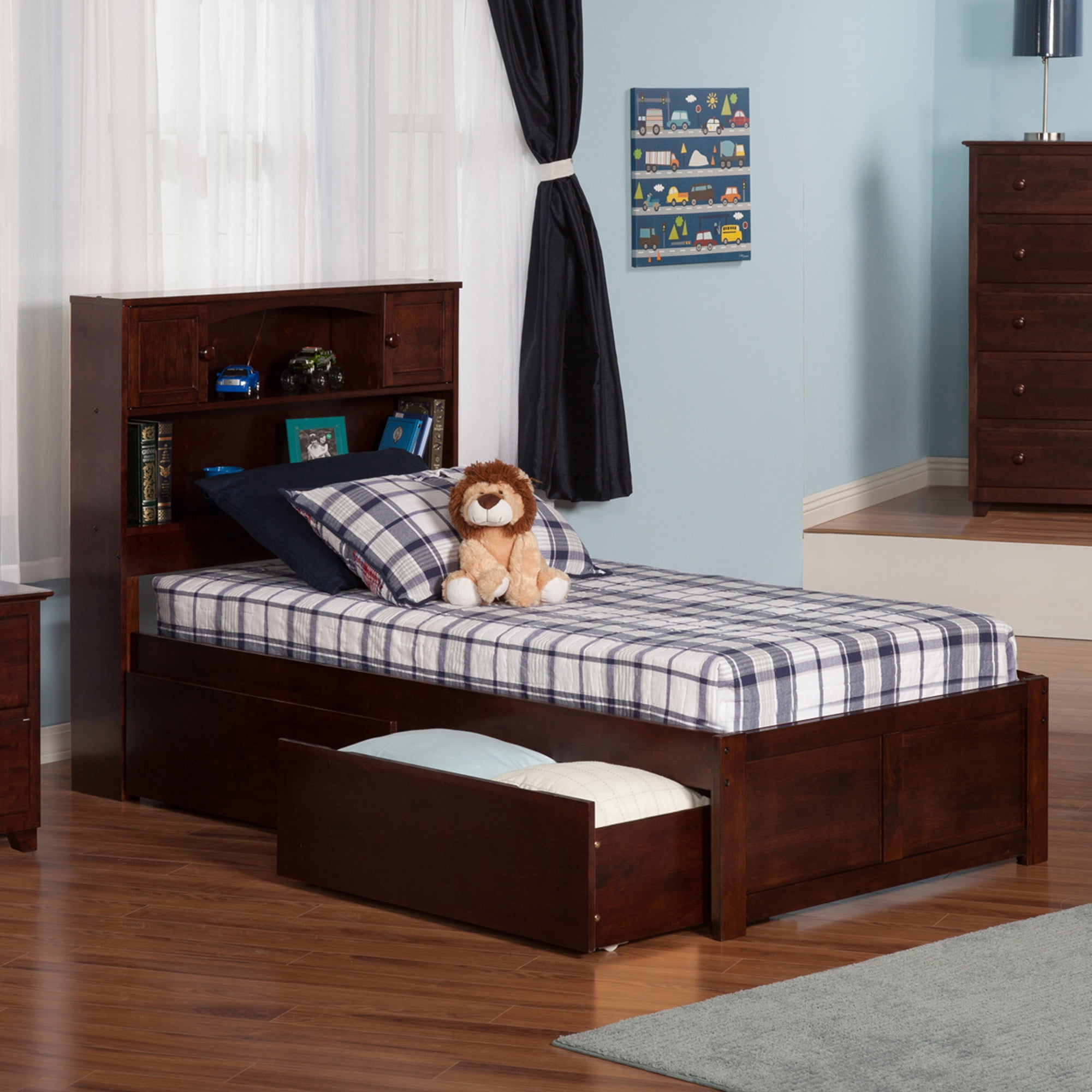 AFI Newport Twin Solid Wood Platform Bed with Footboard & 2 Storage Drawers, Walnut