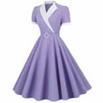 thumbnail image 6 of Summer Saving Wycnly Womens Dresses Empire Waist Flowy Pleated Swing A Line Vintage 1950S Graduation Dresses Summer Color Block V-Neck Short Sleeve Formal Midi Dress Purple l, 6 of 6