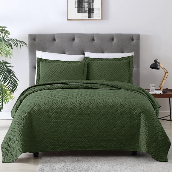 Queen Size Quilt Set 3 Piece Olive Green, Soft Lightweight Coverlet Bedding with Geometric Design, Full/Queen Bedspread Set for All Seasons