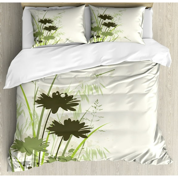 Dragonfly Duvet Cover Set, Lake Flowers Leaves on Abstract Backdrop Bird Like Bugs, Decorative 3 Piece Bedding Set with 2 Pillow Shams, King Size, Pale Green Dark Green, by Ambesonne