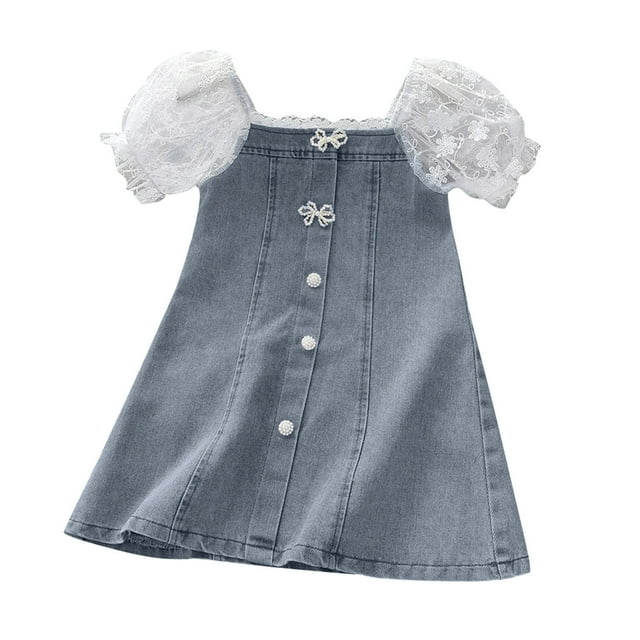 Robes pour Filles Tout-Petits Robe en Dentelle à Manches Bouffantes Style Denim pour Usage Quotidien Robes en Denim Mignonnes pour Enfants Filles Ajustement Léger et Confortable