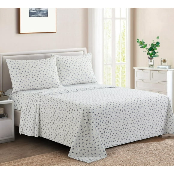 Marina Decoration Printed 600 Thread Count Soft Deep Pocket Hotel Standard Long Staple Cotton Blend Percale All Season Bedding Sheet Set, Blue Nautical Anchor Pattern