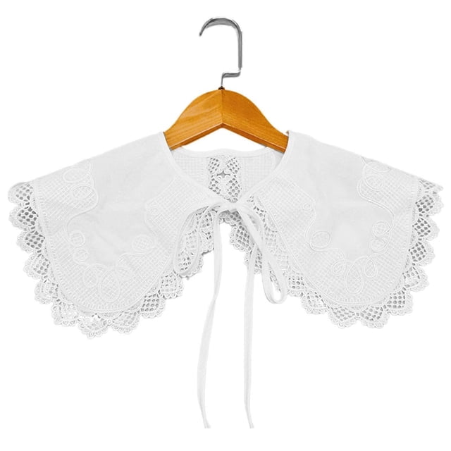 Women Pastoral Style White for Doll Detachable Collar Shawl Embroidery Plaid Lace Scalloped Trim Scarf Lace-Up Bowknot Solid Color Capelet Poncho