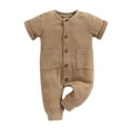 thumbnail image 4 of Toddler One Piece Jumpsuit Short Sleeve Button Down Pockets Onesies Waffle Comfy Soft Newborn Outfits (12-18 Months, Khaki), 4 of 7