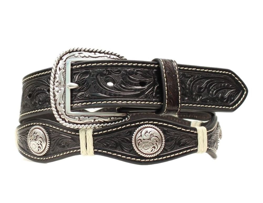 Ariat Western Belt Mens Scallop Floral Tooled Conchos Black A1013001