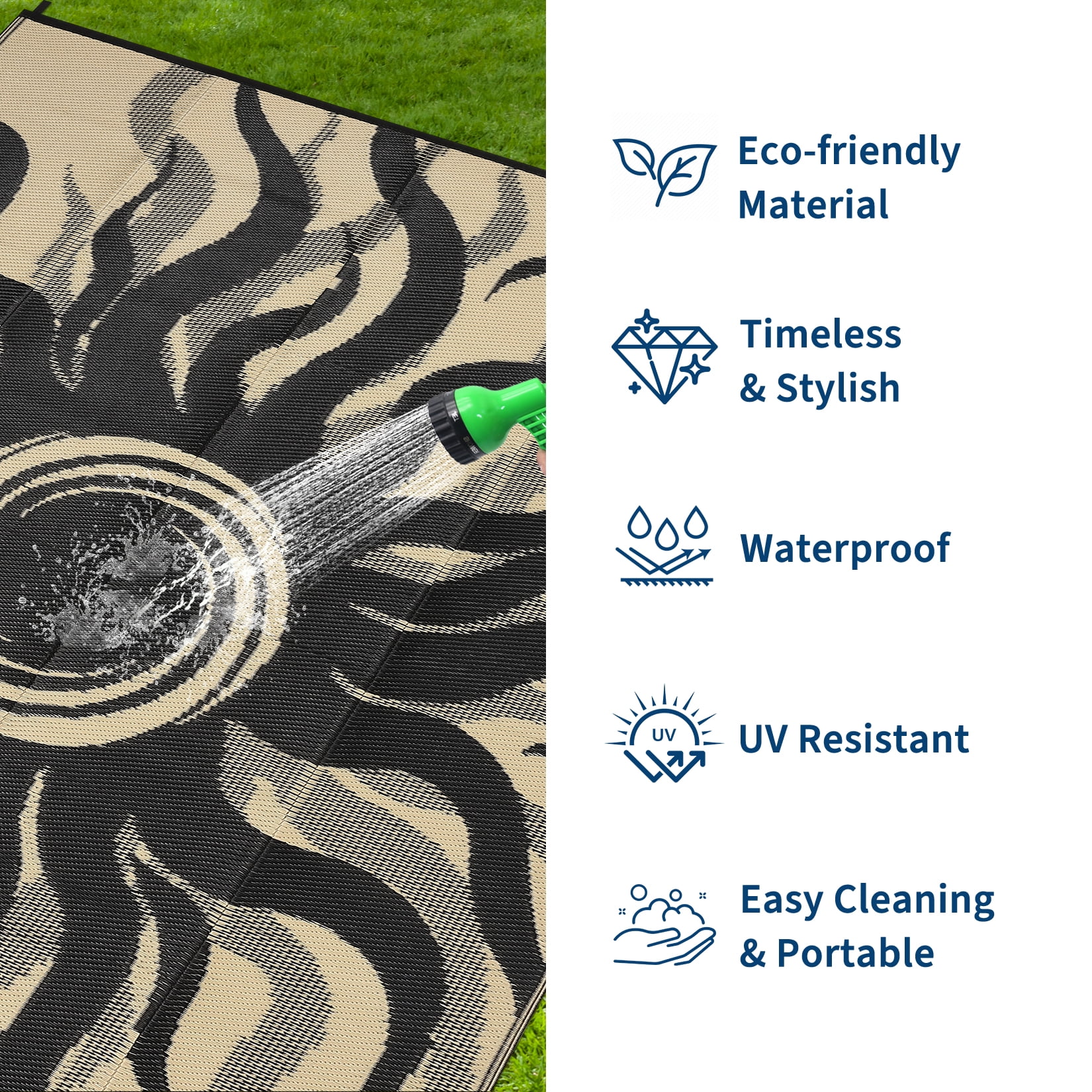 Garvee 9x12ft Outdoor Rug Waterproof Reversible Plastic Straw Rug, Modern Boho Sun Pattern Rug, Large RV Camping Mat Portable Outdoor Carpet for Patio, Balcony, Picnic, Beach, Deck, Black/Coffee