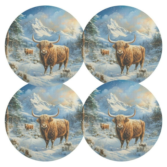 Ryvnso Highland Cattle Christmas Round Plate Mats Dining Table Placemat Set of 4 for Holiday Decoration