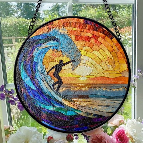 Stained Glass Window Hanging Beach - Stained Glass Window Hanging Beach, Festival Gift Ornament, Home Wall & Window Art, Brightens Any Space with Light