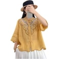 thumbnail image 2 of Nmnitkp Women's Tops, Tees & Blouses Embroidered Stand Collar 3/4 Sleeve Blouse, Loose Fit Casual Linen Blend Summer Shirt for Women Yellow,3XL, 2 of 5