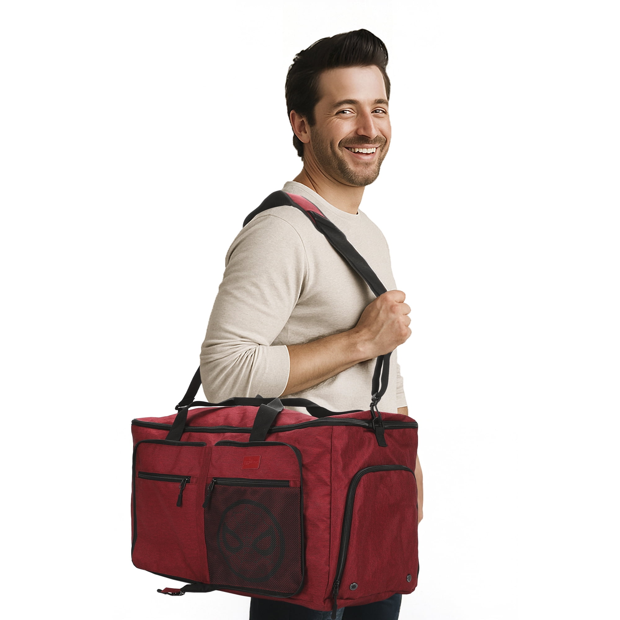 Spider-Man Logo Red 24" Packable Travel Duffle Bag with Shoe Compartment, Removable Shoulder Strap & Front Storage Pockets