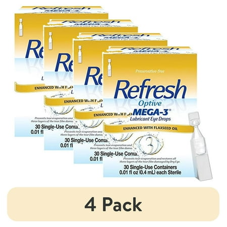(4 pack) Refresh Optive Mega-3 Lubricant Eye Drops, Preservative-Free, 0.01 Fl Oz Single-Use Containers, 30 Count