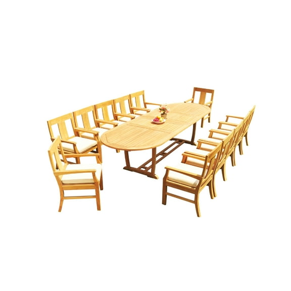 Grade-A Teak Dining Set: 12 Seater 13 Pc: 118" Mas Oval Trestle Leg Table And 12 Osborne Arm Chairs Outdoor Patio WholesaleTeak #51OS2713