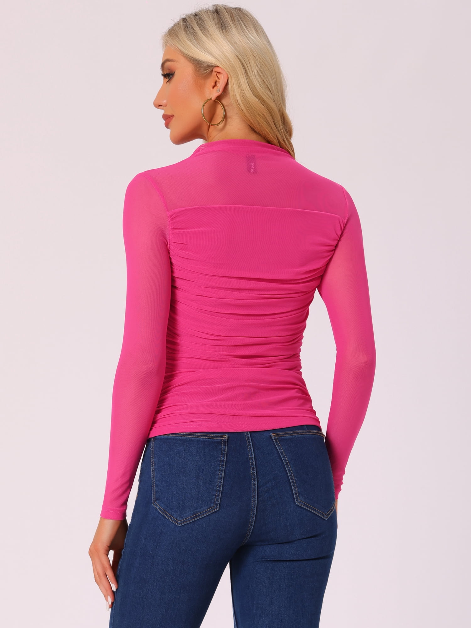 DARING DIVA Women's Sheer Panel with Side Shirring Mesh Top XS Hot Pink