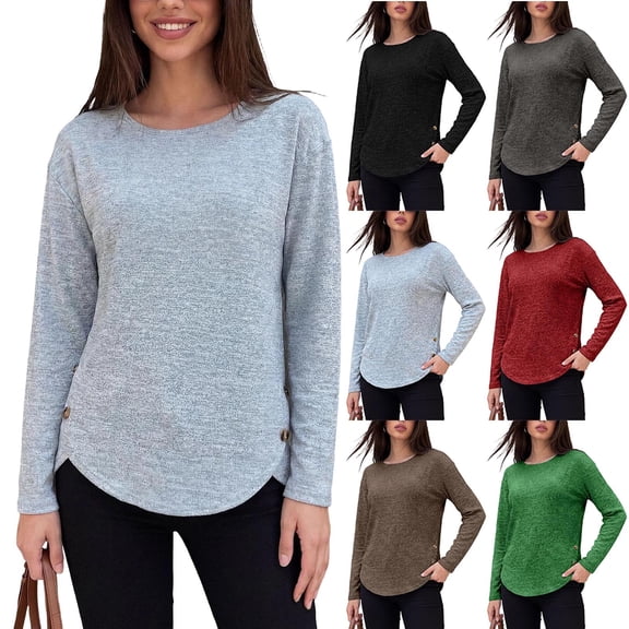 GERsome Women's Long Sleeve Shirts Crew Neck Button Trim Curved Hem Pullover Tops Casual Loose Fit Blouses Light Blue L