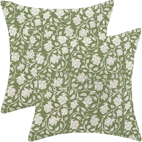 Sage Green Floral Throw Pillow Covers 18x18 Set of 2, Neutral Vintage Decorative Pillow Cover Flower Print Linen Outdoor Cushion Cover Floral Pillowcase for Sofa Couch Farmhouse Room