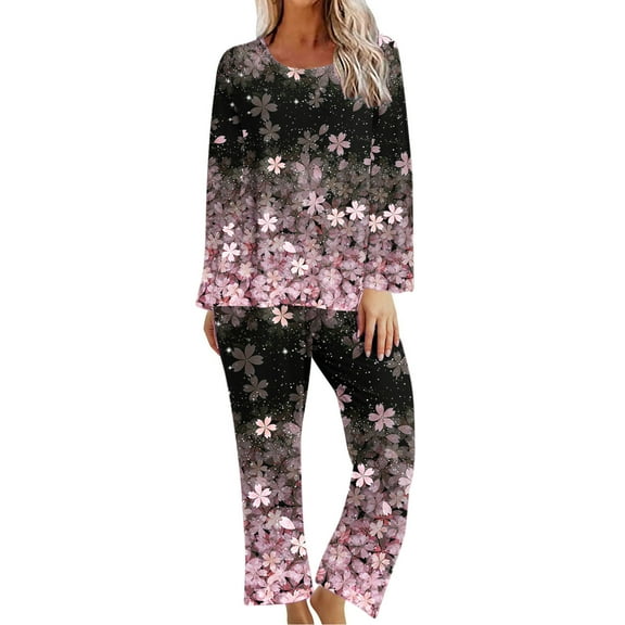 WREESH Womens Pajama Sets Printing Round Neck Short Sleeve Sleepshirt And Pants Two Piece Sets S Loungewear Pajamas With Pockets Pink