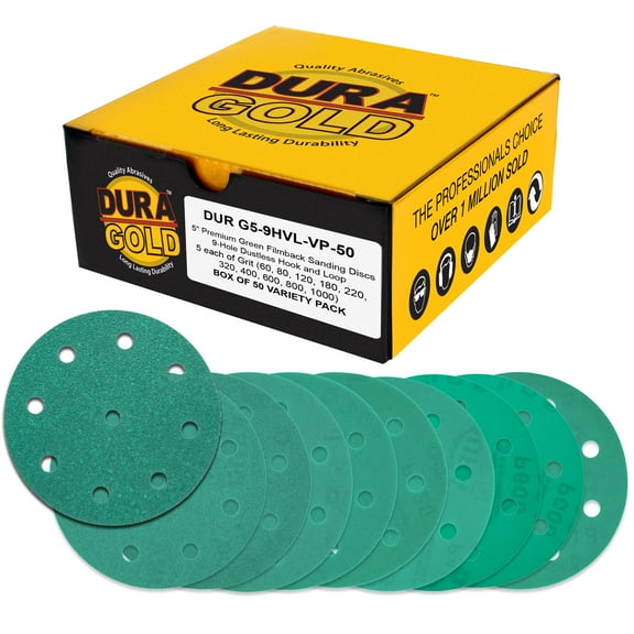 Dura-Gold Premium 5" Green Film Sanding Discs, 9-Hole Pattern, 50 Disc Variety Pack, Grits 60, 80, 120, 180, 220, 320, 400, 600, 800, 1000 - Heavy-Duty Hook & Loop Sandpaper, DA, Random Orbital Sander