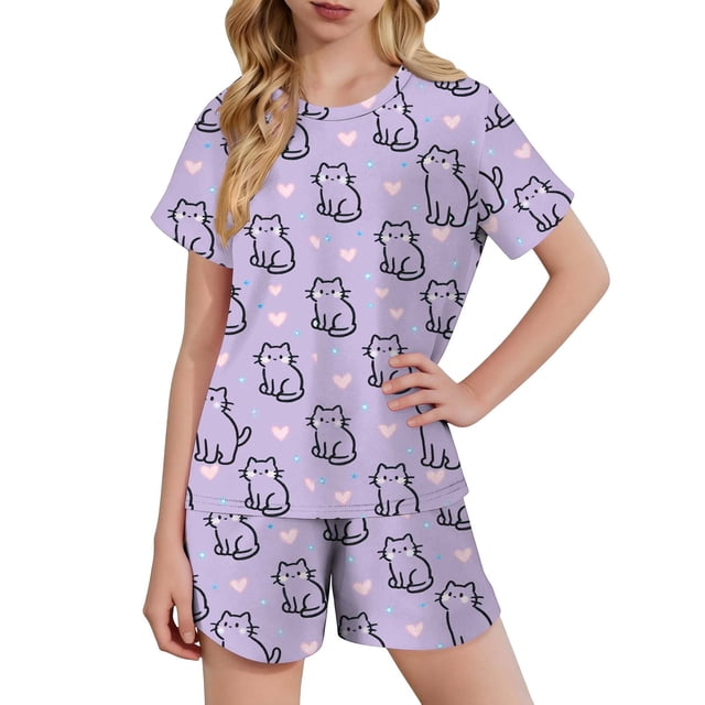 Kids Girls Fashion Cute Print Loose Short Sleeve Top Shorts Set Homewear Set