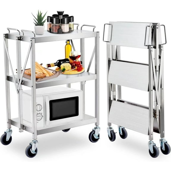 Portable Folding Service Cart, 3-Tier Stainless Steel Collapsible Utility Carts 400 lbs Load Capacity, Heavy Duty Service Cart w/ 360°Swivel Wheels for Home Office Warehouse