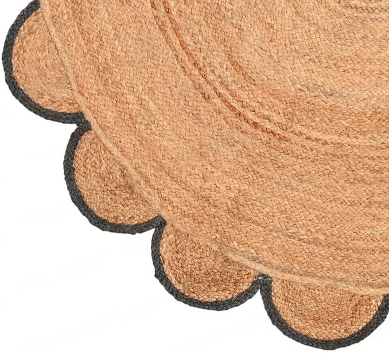 Natural Farmhouse Jute Round Rug with Black Border Design, Scalloped Round Rug Size 8 x 8 Feet