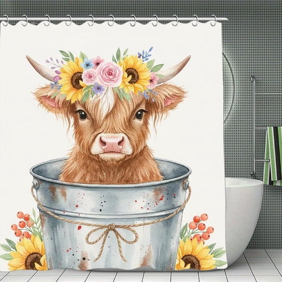 Watercolor Highland Cow Print Shower Curtain,Modern Fabric Waterproof Shower Curtain Set with Hooks 70.8×70.8Inch (180×180cm)