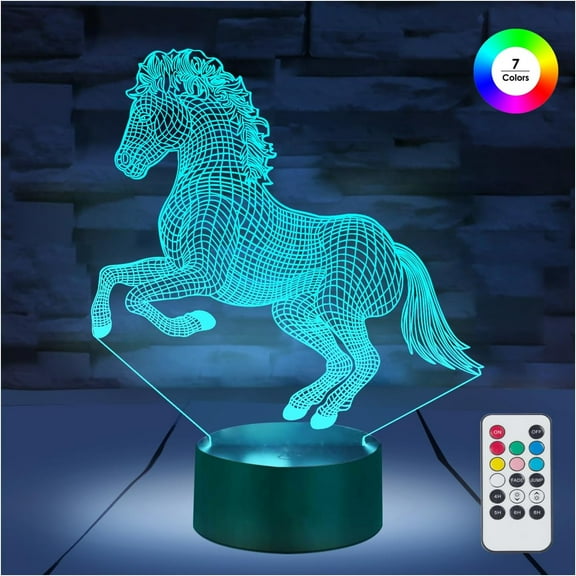 [ 7 Colors/3 Working Modes/Timer ] Remote and Touch Control 3D Illusion Horse Night Light, Dimmable LED Horse Lamp, USB/Battery Operated, Gifts for Baby, Kids and Boys Bedroom